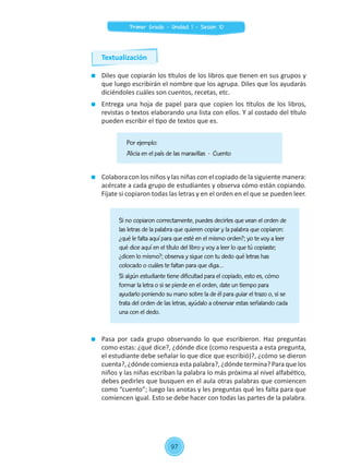 Diles que copiarán los títulos de los libros que tienen en sus grupos y
que luego escribirán el nombre que los agrupa. Diles que los ayudarás
diciéndoles cuáles son cuentos, recetas, etc.
	 Entrega una hoja de papel para que copien los títulos de los libros,
revistas o textos elaborando una lista con ellos. Y al costado del título
pueden escribir el tipo de textos que es.
	 Colabora con los niños y las niñas con el copiado de la siguiente manera:
acércate a cada grupo de estudiantes y observa cómo están copiando.
Fíjate si copiaron todas las letras y en el orden en el que se pueden leer.
	 Pasa por cada grupo observando lo que escribieron. Haz preguntas
como estas: ¿qué dice?, ¿dónde dice (como respuesta a esta pregunta,
el estudiante debe señalar lo que dice que escribió)?, ¿cómo se dieron
cuenta?, ¿dónde comienza esta palabra?, ¿dónde termina? Para que los
niños y las niñas escriban la palabra lo más próxima al nivel alfabético,
debes pedirles que busquen en el aula otras palabras que comiencen
como “cuento”; luego las anotas y les preguntas qué les falta para que
comiencen igual. Esto se debe hacer con todas las partes de la palabra.
Si no copiaron correctamente, puedes decirles que vean el orden de
las letras de la palabra que quieren copiar y la palabra que copiaron:
¿qué le falta aquí para que esté en el mismo orden?; yo te voy a leer
qué dice aquí en el título del libro y voy a leer lo que tú copiaste;
¿dicen lo mismo?; observa y sigue con tu dedo qué letras has
colocado o cuáles te faltan para que diga…
Si algún estudiante tiene dificultad para el copiado, esto es, cómo
formar la letra o si se pierde en el orden, date un tiempo para
ayudarlo poniendo su mano sobre la de él para guiar el trazo o, si se
trata del orden de las letras, ayúdalo a observar estas señalando cada
una con el dedo.
Por ejemplo:
Alicia en el país de las maravillas - Cuento
Textualización
97
Primer Grado - Unidad 1 - Sesión 10
 