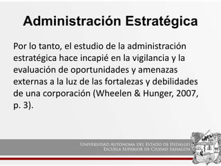 Administración Estratégica
Por lo tanto, el estudio de la administración
estratégica hace incapié en la vigilancia y la
evaluación de oportunidades y amenazas
externas a la luz de las fortalezas y debilidades
de una corporación (Wheelen & Hunger, 2007,
p. 3).
 