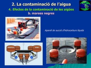 2. La contaminació de l’aigua 4.   Efectes de la contaminació de les aigües b.   marees negres Aparell de succió d’hidrocarburs líquids 