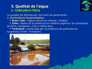 3. Qualitat de l’aigua 1. Indicadors físics La qualitat bé definida per una sèrie de paràmetres: 1. Paràmetres Organolèptics * Gust i olor : l’aigua natural és insípida i inodora * Color : depèn de la presència de matèria orgànica i de compostos de ferro, manganès, crom o altres ions. * Terbolesa : ocasionada per la presència de partícules en suspensió (erosió i transport) 