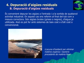 4. Depuració d’aigües residuals B. Depuració d’aigües residuals És convenient depurar les aigües a l’entrada i a la sortida de qualsevol activitat industrial. En aquest cas ens referim al final del tub com a mesura correctora. Són aigües brutes (grises o negres), d’aigua ja utilitzada. Això es pot fer amb sistemes de baix cost o d’alt cost o convencional.   LLacuna d’oxidació per eliminar matèria orgànica i bacteris procedents de matèria fecal 