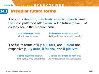The verbs  devenir ,  maintenir ,  retenir ,  revenir , and  tenir  are patterned after  venir  in the future tense, just  as they are in the present tense.  The future forms of  il y a ,  il faut , and  il pleut  are, respectively,  il y aura ,  il faudra , and  il pleuvra .  