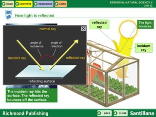 How light is reflected The incident ray hits the surface. The reflected ray bounces off the surface. incident ray reflecte...