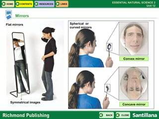 Mirrors Concave mirror Convex mirror Spherical  or curved mirrors Flat mirrors Symmetrical images 