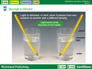 How light is refracted Light bends at the boundary of two media. Light is refracted, or bent, when it passes from one medi...