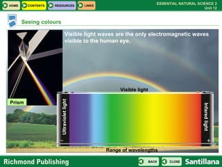 Seeing colours Prism Visible light waves are the only electromagnetic waves visible to the human eye. Range of wavelengths...