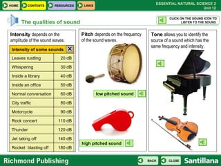 The qualities of sound Intensity  depends on the amplitude of the sound waves. Pitch  depends on the frequency of the soun...