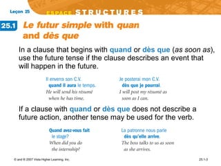 In a clause that begins with  quand  or  dès que  ( as soon as ), use the future tense if the clause describes an event that will happen in the future. If a clause with  quand  or  dès que  does not describe a future action, another tense may be used for the verb. 