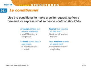 Use the conditional to make a polite request, soften a demand, or express what someone  could  or  should  do. 