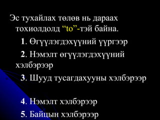 Эс тухайлах төлөв нь дараах тохиолдолд  “to”- тэй байна .  1 . Өгүүлэгдэхүүний үүргээр 2 . Нэмэлт өгүүлэгдэхүүний  хэлбэрээр 3 . Шууд тусагдахууны хэлбэрээр  4 . Нэмэлт хэлбэрээр  5 . Байцын хэлбэрээр 