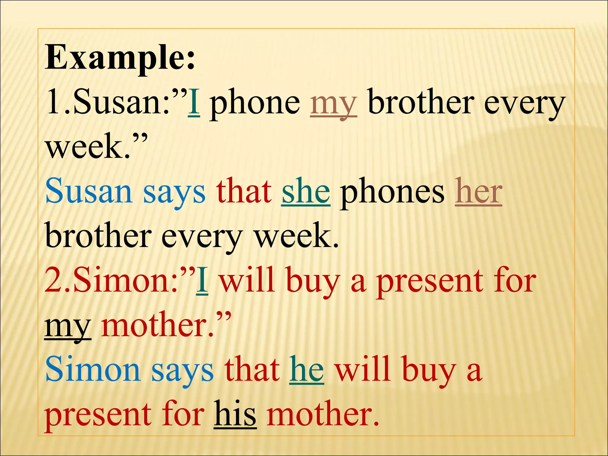 Example: 1.Susan:” I  phone  my  brother every week.” Susan says  that  she   phones  her  brother every week. 2.Simon:” I  will buy a present for  my   mother.” Simon says  that  he  will buy a present for  his  mother. 