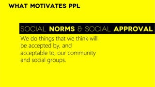 Social norms & social approval
What motivates ppl
We do things that we think will
be accepted by, and
acceptable to, our community
and social groups. 

 