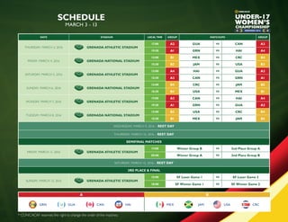A B
SCHEDULE
MARCH 3 - 13
* CONCACAF reserves the right to change the order of the matches.
DATE STADIUM LOCAL TIME GROUP MATCHUPS GROUP
THURSDAY, MARCH 3, 2016 GRENADA ATHLETIC STADIUM
17:00 A2 GUA VS CAN A3
19:30 A1 GRN VS HAI A4
FRIDAY, MARCH 4, 2016 GRENADA NATIONAL STADIUM
13:00 B1 MEX VS CRC B4
15:30 B2 JAM VS USA B3
SATURDAY, MARCH 5, 2016 GRENADA ATHLETIC STADIUM
13:00 A4 HAI VS GUA A2
15:30 A3 CAN VS GRN A1
SUNDAY, MARCH 6, 2016 GRENADA NATIONAL STADIUM
13:00 B4 CRC VS JAM B2
15:30 B3 USA VS MEX B1
MONDAY, MARCH 7, 2016 GRENADA ATHLETIC STADIUM
17:00 A3 CAN VS HAI A4
19:30 A1 GRN VS GUA A2
TUESDAY, MARCH 8, 2016 GRENADA NATIONAL STADIUM
13:00 B3 USA VS CRC B4
15:30 B1 MEX VS JAM B2
WEDNESDAY, MARCH 9, 2016 – REST DAY
THURSDAY, MARCH 10, 2016 – REST DAY
SEMIFINAL MATCHES
FRIDAY, MARCH 11, 2016 GRENADA ATHLETIC STADIUM
17:00 Winner Group B VS 2nd Place Group A
20:00 Winner Group A VS 2nd Place Group B
SATURDAY, MARCH 12, 2016 – REST DAY
3RD PLACE & FINAL
SUNDAY, MARCH 13, 2016 GRENADA ATHLETIC STADIUM
15:00 SF Loser Game 1 VS SF Loser Game 2
18:00 SF Winner Game 1 VS SF Winner Game 2
GRN MEXGUA JAMCAN USAHAI CRC
 