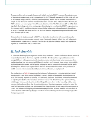 Black Men Making It in America: The Engines of Economic Success for Black Men in America 27
To understand how well our sample of men, as well as black men in the NLSY79, represent the national account
of adult men in this age group, we did a comparison of the NLSY79 sample (men ages 50 to 58 in 2014) with men
of the same age group in the 2014 American Community Survey. We find that the estimates from the NLSY79
sample are very close to the estimates from the ACS on men’s economic status and marital status. However, the
NLSY estimates have a lower proportion of Hispanic adults than that of the ACS estimates (5% vs. 12%), which
is probably due to the growth of the immigrant population during the period after the NLSY79 respondents were
first surveyed in 1979. In addition, the share of men who had at least some college education is slightly lower
in the NLSY79 sample than in the ACS (49% vs. 56%), but the share of high school dropouts is also lower in the
NLSY79 sample (8% vs. 13%).
Estimates from the black men sample in NLSY79 are identical to those from the ACS on marital status, but
somewhat different on education and economic status. For example, the share of black men with at least some
college education is lower in NLSY79 than it is in ACS (36% vs. 46%), and the share of black men in poverty is
higher in NLSY79 than it is in ACS (27% vs. 20%).
II. Path Anaylsis
In addition to the binary logistic regression models shown in Chapter 3, we also used a more efficient statistical
tool, called path analysis, that lets us explicitly test whether the effects of four key variables measured in
young adulthood—military service, church attendance, contact with the criminal justice system, and above-
median knowledge (the 50th percentile AFQT score)—on black men’s economic status in their fifties could be
explained by whether one was married, gained an education, and/or was gainfully employed. In other words,
does a rigorous statistical test suggest that the effects of these variables measured in young adulthood on
midlife economic outcomes are mediated by marital status, education, or employment?
The results, shown in Table A2, suggest that the influence of military service (+), contact with the criminal
justice system (-), and above median knowledge (+) on one’s chances of being middle or upper income can
be, at least partially, explained by marriage, each path being significant. Additionally, employment mediated
or helped explain the link between military service and contact with the criminal justice system and being
middle/upper income, while education mediated the path between above-median knowledge and the same
outcome. We found no evidence that the positive influence of church attendance was mediated by any of the
three early adulthood outcomes. The results suggest that these outcomes are very likely real rather than due to
chance. This is after accounting for plausible alternative explanations, including maternal education, locus of
control (Rotter), and their family of origin’s household income and family structure (intact/step/single/other
family arrangement).
 
