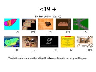 <19 + konkrét példák (10/150) További részletek a korábbi díjazott pályamunkákról a verseny weblapján. [4] [18] [18] [16] [16] [16] [17] [18] [12] [14] 