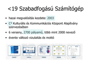 <19 Szabadfogású Számítógép hazai megvalósítás kezdete: 2003 C³ Kulturális és Kommunikációs Központ Alapítvány szervezésében 6 verseny, 2700 pályamű, több mint 2000 nevező évente változó vizulaitás és mottó 