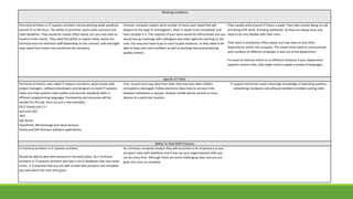 Working conditions
Technical architect or IT systems architect normal working week would be
around 37 to 40 hours. The ability to prioritize, work under pressure and
meet deadlines. They would be mainly office-based, but you may have to
travel to meet clients. They need the ability to explain ideas clearly too
technical and non-technical staff depending on the contract, and overnight
stays away from home may sometimes be necessary.
Forensic computer analyst work number of hours each week that will
depend on the type of investigation, when it needs to be completed, and
how complex it is. The majority of your work would be office-based, but you
would also go meetings with colleagues and other agencies working on the
case. You may also have to go to court to give evidence, so they need to be
able to keep calm and confident as well as working hard and producing
quality content.
They usually work around 37 hours a week. Their jobs involve being on call
and doing shift work, including weekends. So they are always busy and
need to be very flexible with their time.
Their work is sometimes office based, but may have to visit other
departments within the company. This means they need to communicate
with numbers of different of people in and out of the department.
To travel to external clients or to different locations if your department
supports several sites, they might need to speak a variety of languages.
Specific ICT Skills
Technical architects, also called IT systems architects, work closely with
project managers, software developers and designers to build IT systems.
make sure that systems meet quality and security standards Skills in
different programming languages, frameworks and processes will be
needed for this job. Here are just a few examples:
C# (C sharp) and C++
Java and J2EE
.NET
SQL Server
SharePoint, MS Exchange and cloud services
Oracle and SAP business software applications.
Find, recover and copy data from disks that may have been hidden,
encrypted or damaged. Follow electronic data trails to uncover links
between individuals or groups. Analyse mobile phone records to trace
devices to a particular location .
IT support technician need a thorough knowledge of operating systems,
networking, hardware and software excellent problem-solving skills
Ability To Deal With Pressure
A Technical architect or IT systems architect
Should be able to deal with pressure in the work place. As a Technical
architect or IT systems architect will have a lot of deadlines that may cause
stress. It is essential that you are able to deal with pressure and complete
any task within the time limit given.
As a Forensic computer analyst they will encounter a lot of pressure as you
are given tasks with deadlines and if you use your organizational skills you
can be stress free. Although there are some challenging tasks and you are
given less time to complete.
 