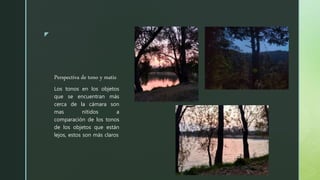 z
Perspectiva de tono y matiz
Los tonos en los objetos
que se encuentran más
cerca de la cámara son
mas nítidos a
comparación de los tonos
de los objetos que están
lejos, estos son más claros
 