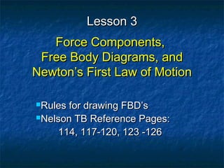 Lesson 3Lesson 3
Force Components,Force Components,
Free Body Diagrams, andFree Body Diagrams, and
Newton’s First Law of MotionNewton’s First Law of Motion
Rules for drawing FBD’sRules for drawing FBD’s
Nelson TB Reference Pages:Nelson TB Reference Pages:
114, 117-120, 123 -126114, 117-120, 123 -126
 