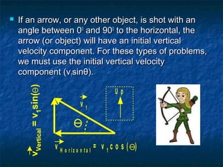  If an arrow, or any other object, is shot with anIf an arrow, or any other object, is shot with an
angle between 0angle between 000
and 90and 9000
to the horizontal, theto the horizontal, the
arrow (or object) will have an initial verticalarrow (or object) will have an initial vertical
velocity component. For these types of problems,velocity component. For these types of problems,
we must use the initial vertical velocitywe must use the initial vertical velocity
component (vcomponent (v11sinsinθθ))..
v H o r i z o n t a l = v 1 c o s ( )
vVertical=v1sin()
v 1
U p
 