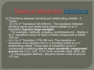 A) Transitions between bonding and antibonding orbitals : 2
Types-
 (i) σ to σ* Transition(120-200nm) : The excitation between
bonding sigma and antibonding sigma orbitals (σ to σ*
transition) requires large energies.
For example, methane, propane, cyclohexane etc., display σ
to σ* transitions λͅmax for each of these compounds is below
140 nm.
 (ii) π to π* Transition (170-190 nm): The transition or
promotion of an electron from a π bonding orbital to a π*
antibonding orbital. These type of transitions occur in
compounds containing one or more covalently unsaturated
groups like C=C, C≡C, C=O, N=N, aromatic rings, NO2, etc.
In unconjugated alkenes,; ethylene shows λͅmax at around
171 nm.
 