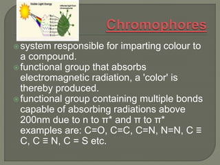system responsible for imparting colour to
a compound.
functional group that absorbs
electromagnetic radiation, a 'color' is
thereby produced.
functional group containing multiple bonds
capable of absorbing radiations above
200nm due to n to π* and π to π*
examples are: C=O, C=C, C=N, N=N, C ≡
C, C ≡ N, C = S etc.
 