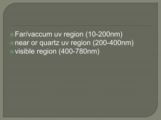 Far/vaccum uv region (10-200nm)
near or quartz uv region (200-400nm)
visible region (400-780nm)
 