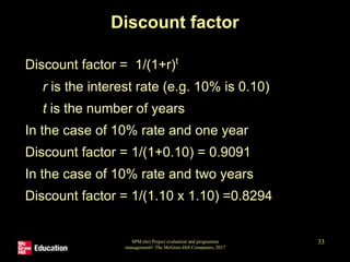 SPM (6e) Project evaluation and programme
management© The McGraw-Hill Companies, 2017
33
Discount factor
Discount factor = 1/(1+r)t
r is the interest rate (e.g. 10% is 0.10)
t is the number of years
In the case of 10% rate and one year
Discount factor = 1/(1+0.10) = 0.9091
In the case of 10% rate and two years
Discount factor = 1/(1.10 x 1.10) =0.8294
 