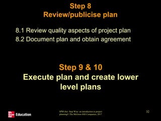 SPM (6e) Step Wise: an introduction to project
planning© The McGraw-Hill Companies, 2017
32
Step 8
Review/publicise plan
• 8.1 Review quality aspects of project plan
• 8.2 Document plan and obtain agreement
Step 9 & 10
Execute plan and create lower
level plans
 
