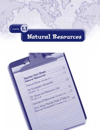 Natural Resources . . . . . . . . . . . 5

Teacher Fact Sheet:


Nature Romp (Grades K-1). . . . . . . . 11

An Ecosystem Escapade


. . . . . . . . . . . . . . . . . 13

(Grades 1-3)
Dr. Seuss and Resource Use
. . . . . . . . . . . . . . . . 15

(Grades 2-3)
Sources of Resources (Grades 5-6) . . 17
How Many People Does It Take to


Ruin an Ecosystem? (Grades 5-6) . . . 19

3
 
