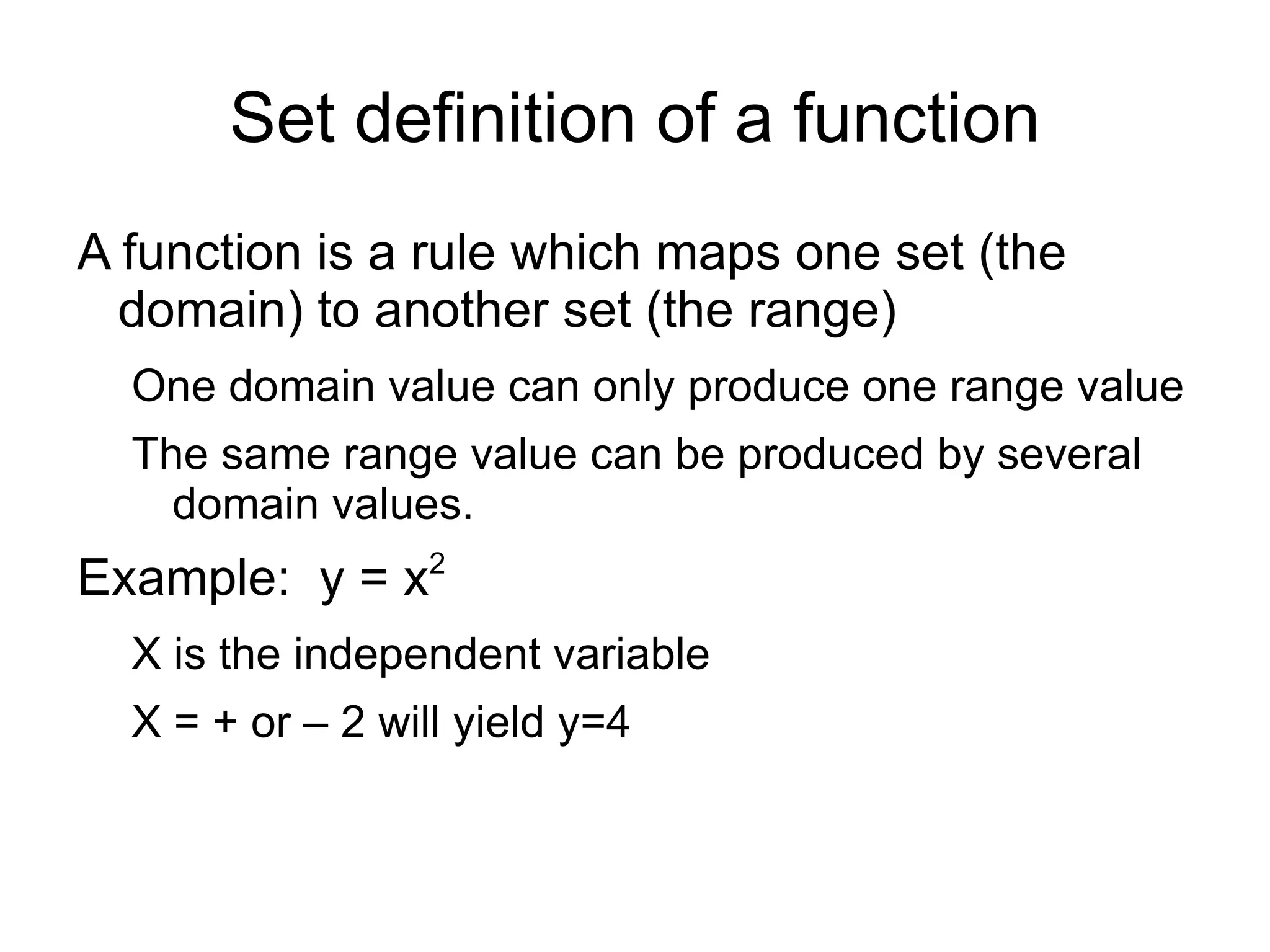 The independent variable The domain of the function is the set of permitted values for the independent variable 