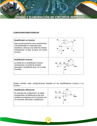 10
CONFIGURACIONES BÁSICAS
Existen también otras configuraciones basadas en los amplificadores inversor y no
inversor:
Amplificador diferencial.
En este tipo de configuración, la salida
corresponde a la diferencia en las dos
señales que ingresan por la inversora y la
no inversora, atenuada o amplificada.
Amplificador no inversor
Este circuito presenta como característica
más destacable su capacidad para
amplificar o atenuar una señal de entrada
manteniendo su fase, es decir, sin invertir
la señal.
Amplificador inversor
La salida de un amplificador inversor
corresponde a la señal de entrada
atenuada o amplificada pero con su fase
invertida.
 