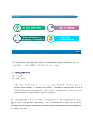 Estos conceptos, permitirán evidenciar y discernir mejores prácticas para una interacción con valores y
principios éticos en espacios digitales dentro de los diferentes contextos.
1. La ética profesional
¿Qué es ética?
Etecé (2021), aﬁrma:
Se llama ética o ﬁlosofía moral a una de las ramas más antiguas de la ﬁlosofía, dedicada al estudio de la
conducta humana, expresada en conceptos como lo correcto y lo incorrecto, lo bueno y lo malo, la virtud, la
felicidad y el deber, así como en los sistemas de valores que dichas categorías sostienen. A pesar de lo que su
nombre puede sugerir, no debe confundirse la ética con la moral (p.1).
De acuerdo al concepto de ética mencionado, en muchas profesiones existe un conjunto de normas que
rigen el actuar de los diferentes profesionales y se basa directamente en los valores que poseen los
individuos, pero aplicados en el entorno laboral, esto hace referencia a la ética profesional, la cuál es deﬁnida
por Raﬃno (2020) como:
 