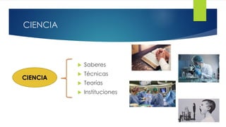 CIENCIA
 Saberes
 Técnicas
 Teorías
 Instituciones
CIENCIA
 