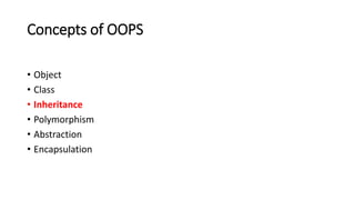 Concepts of OOPS
• Object
• Class
• Inheritance
• Polymorphism
• Abstraction
• Encapsulation
 