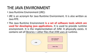 THE JAVA ENVIRONMENT
• Java Runtime Environment (JRE):
• JRE is an acronym for Java Runtime Environment. It is also written as
Java RTE.
• The Java Runtime Environment is a set of software tools which are
used for developing java applications. It is used to provide runtime
environment. It is the implementation of JVM. It physically exists. It
contains set of libraries + other files that JVM uses at runtime.
 