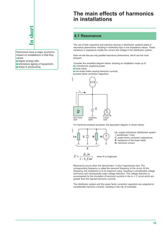 19
Ih
Ls
C
Non-linear
load
Capacitor
bank
Linear
load
Inshort
Harmonics have a major economic
impact on installations in that they
cause:
c higher energy bills,
c premature ageing of equipment,
c drops in productivity.
4.1 Resonance
The main effects of harmonics
in installations
The use of both capacitive and inductive devices in distribution systems leads to
resonance phenomena, resulting in extremely high or low impedance values. These
variations in impedance modify the current and voltage in the distribution system.
Here we will discuss only parallel-resonance phenomena, which are the most
frequent.
Consider the simplified diagram below, showing an installation made up of:
c a transformer supplying power,
c linear loads,
c non-linear loads causing harmonic currents,
c power factor correction capacitors.
E56828
For harmonic-analysis purposes, the equivalent diagram is shown below:
E56976
Ls C R Ih
Z
Z
jL
L C
s
s
=
−
ω
ω1 2
when R is neglected
Resonance occurs when the denominator 1-LsCω2
approaches zero. The
corresponding frequency is called the resonant frequency of the circuit. At this
frequency, the impedance is at its maximum value, resulting in considerable voltage
harmonics and consequently major voltage distortion. This voltage distortion is
accompanied by the circulation of harmonic currents in the Ls + C circuit which are
greater than the injected harmonic currents.
The distribution system and the power factor correction capacitors are subjected to
considerable harmonic currents, resulting in the risk of overloads.
Ls: supply inductance (distribution system
+ transformer + line)
C: power factor correction capacitance
R: resistance of the linear loads
Ih: harmonic current
 