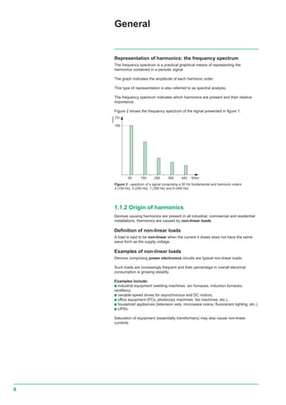 6
General
Representation of harmonics: the frequency spectrum
The frequency spectrum is a practical graphical means of representing the
harmonics contained in a periodic signal.
The graph indicates the amplitude of each harmonic order.
This type of representation is also referred to as spectral analysis.
The frequency spectrum indicates which harmonics are present and their relative
importance.
Figure 2 shows the frequency spectrum of the signal presented in figure 1.
Figure 2 - spectrum of a signal comprising a 50 Hz fundamental and harmonic orders
3 (150 Hz), 5 (250 Hz), 7 (350 Hz) and 9 (450 Hz)
1.1.2 Origin of harmonics
Devices causing harmonics are present in all industrial, commercial and residential
installations. Harmonics are caused by non-linear loads.
Definition of non-linear loads
A load is said to be non-linear when the current it draws does not have the same
wave form as the supply voltage.
Examples of non-linear loads
Devices comprising power electronics circuits are typical non-linear loads.
Such loads are increasingly frequent and their percentage in overall electrical
consumption is growing steadily.
Examples include:
c industrial equipment (welding machines, arc furnaces, induction furnaces,
rectifiers),
c variable-speed drives for asynchronous and DC motors,
c office equipment (PCs, photocopy machines, fax machines, etc.),
c household appliances (television sets, microwave ovens, fluorescent lighting, etc.),
c UPSs.
Saturation of equipment (essentially transformers) may also cause non-linear
currents.
E55523
15050 250 350 450 f(Hz)
100
(%)
 
