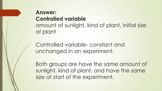 Answer:
Controlled variable
amount of sunlight, kind of plant, initial size
of plant
Controlled variable- constant and
unchanged in an experiment.
Both groups are have the same amount of
sunlight, kind of plant, and have the same
size at start of the experiment.
 
