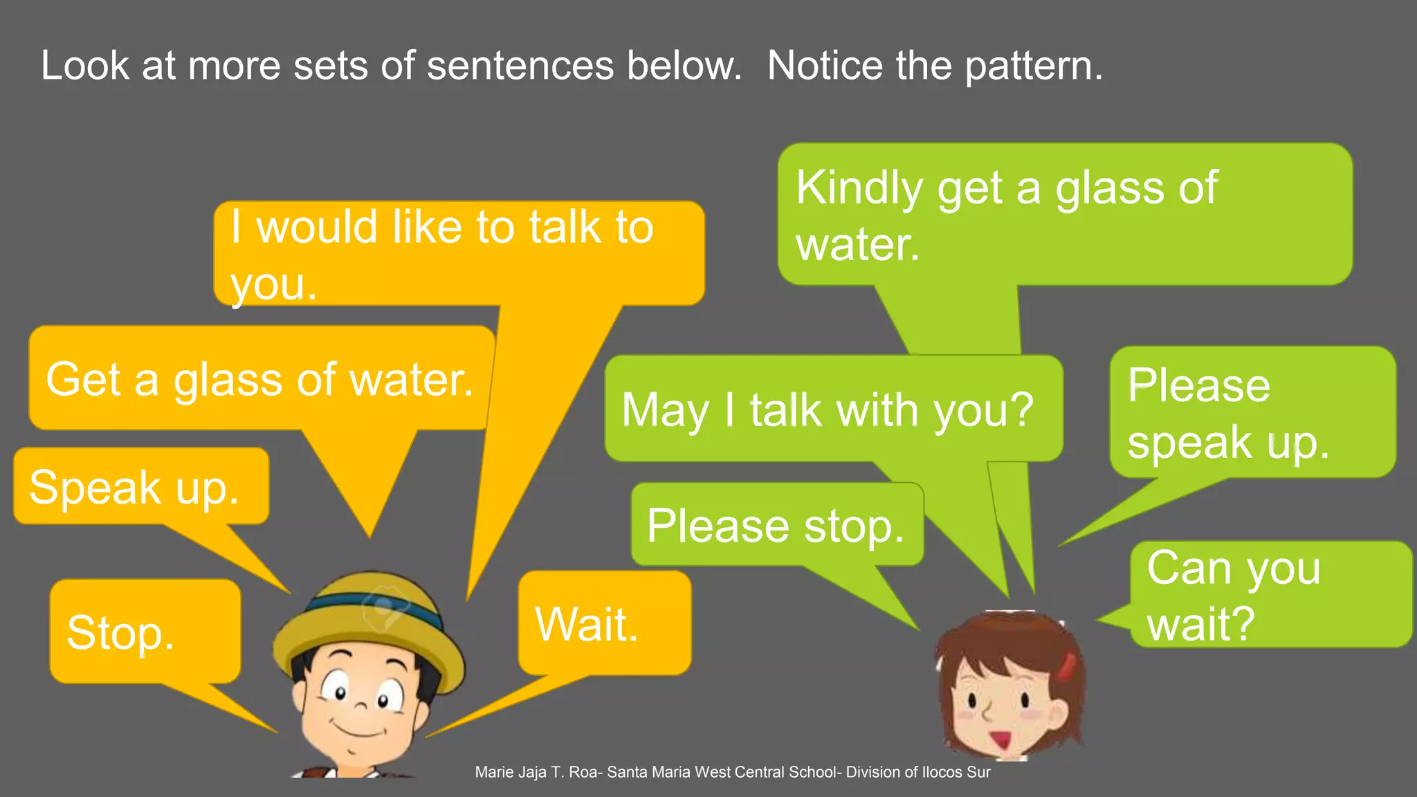 Look at more sets of sentences below. Notice the pattern.
Speak up.
Please
speak up.
Get a glass of water.
Kindly get a glass of
water.I would like to talk to
you.
May I talk with you?
Stop.
Please stop.
Wait.
Can you
wait?
Marie Jaja T. Roa- Santa Maria West Central School- Division of Ilocos Sur
 