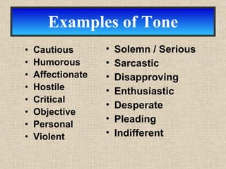 Examples of Tone Cautious Humorous Affectionate Hostile Critical Objective Personal Violent Solemn / Serious Sarcastic Disapproving Enthusiastic Desperate Pleading  Indifferent 