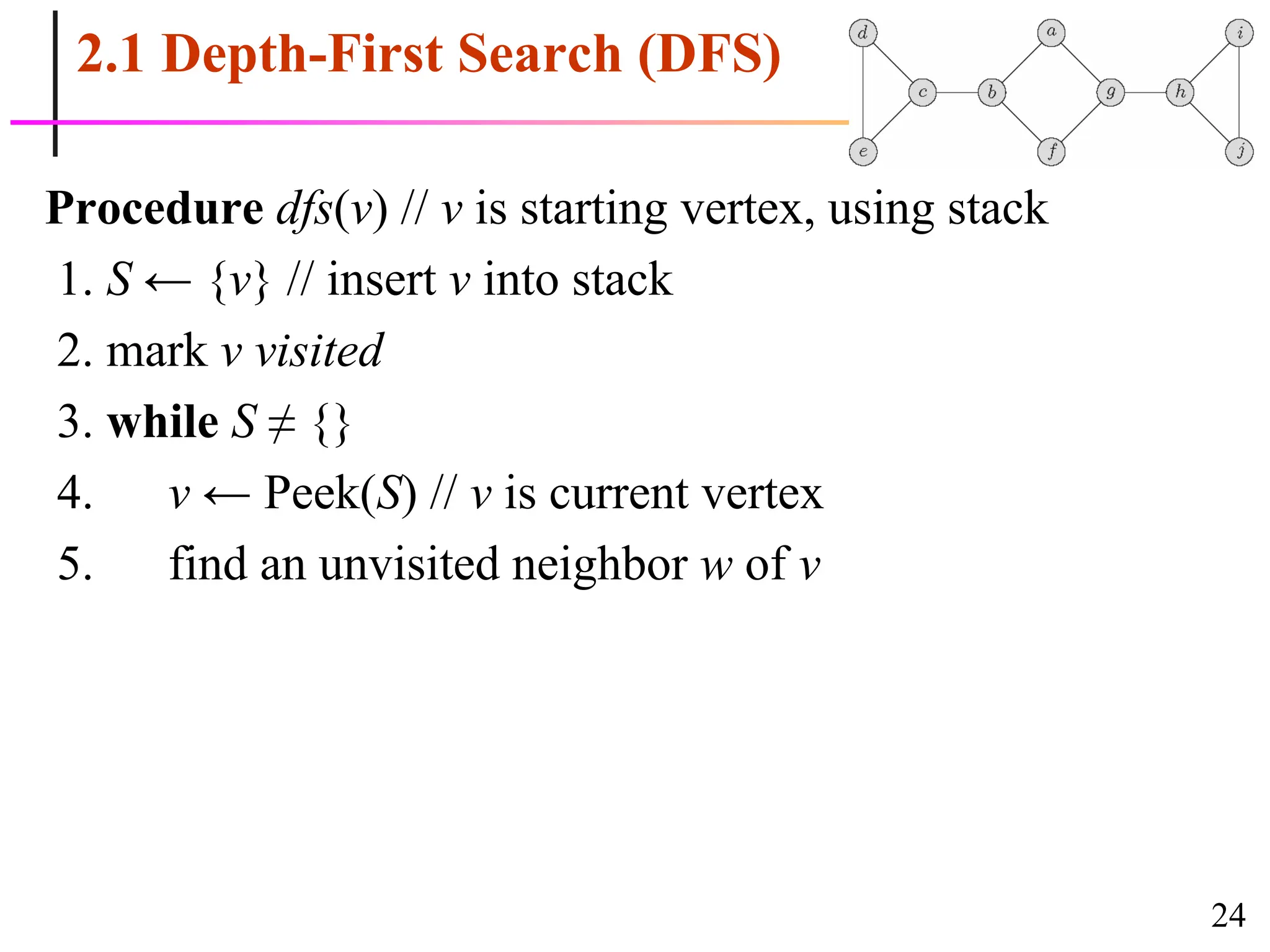 24
2.1 Depth-First Search (DFS)
Procedure dfs(v) // v is starting vertex, using stack
1. S ← {v} // insert v into stack
2. mark v visited
3. while S ≠ {}
4. v ← Peek(S) // v is current vertex
5. find an unvisited neighbor w of v
 