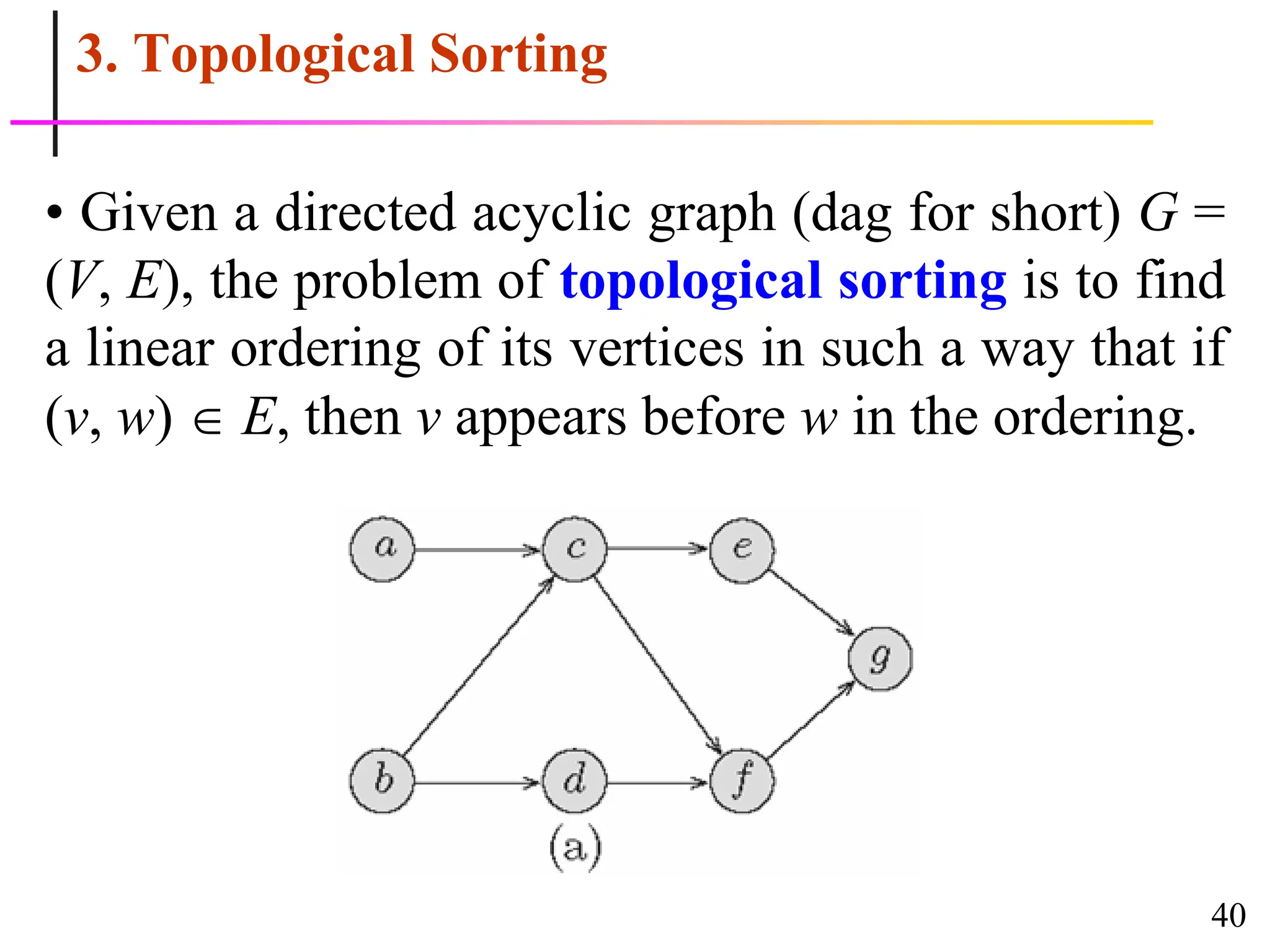 40
3. Topological Sorting
• Given a directed acyclic graph (dag for short) G =
(V, E), the problem of topological sorting is to find
a linear ordering of its vertices in such a way that if
(v, w)  E, then v appears before w in the ordering.
 