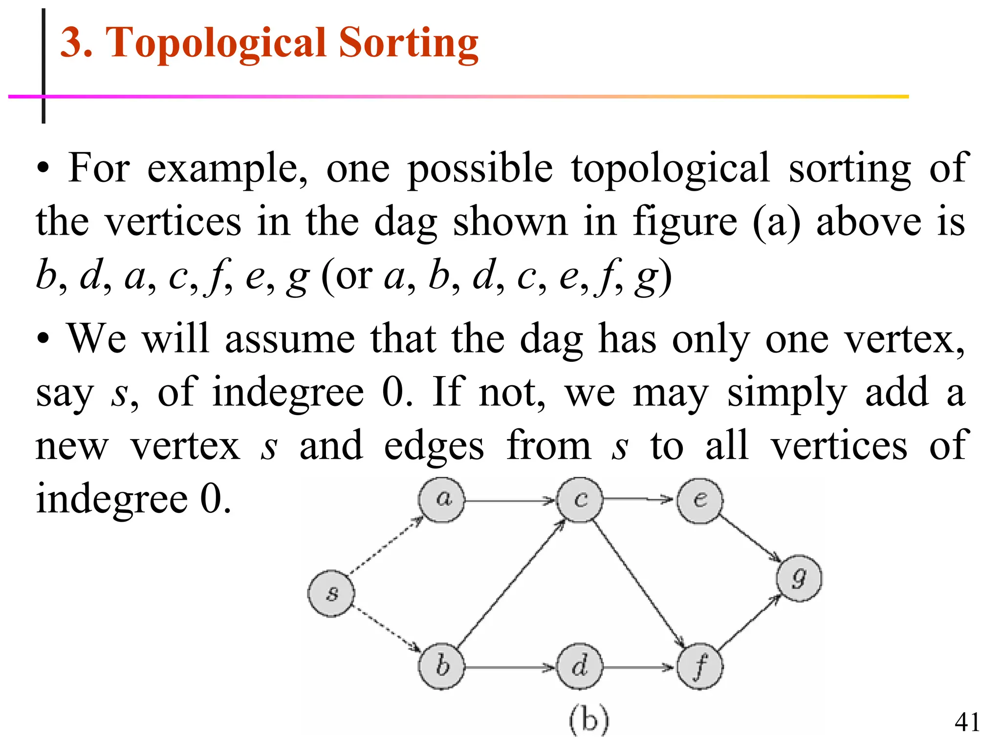 41
3. Topological Sorting
• For example, one possible topological sorting of
the vertices in the dag shown in figure (a) above is
b, d, a, c, f, e, g (or a, b, d, c, e, f, g)
• We will assume that the dag has only one vertex,
say s, of indegree 0. If not, we may simply add a
new vertex s and edges from s to all vertices of
indegree 0.
 