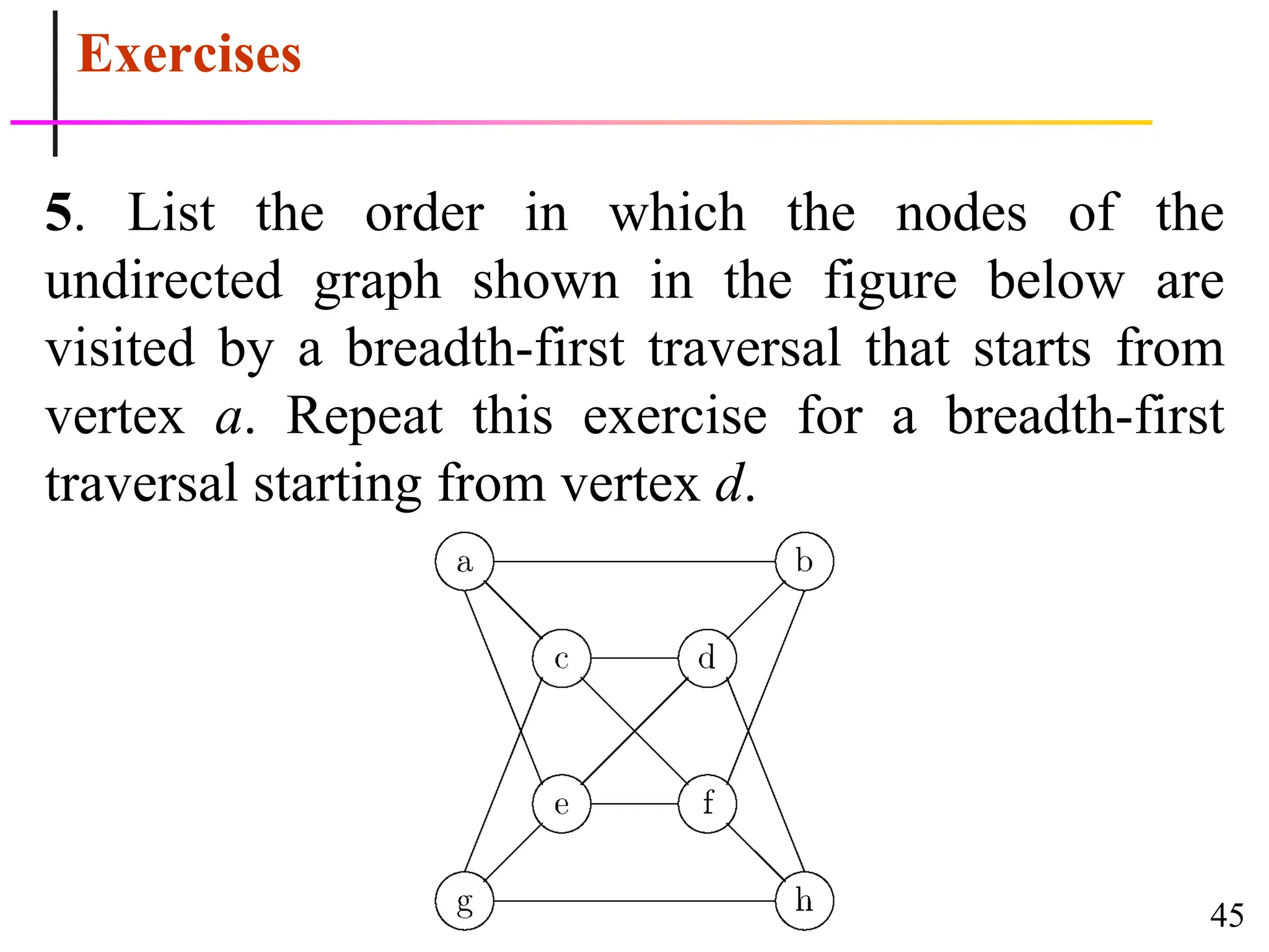 45
Exercises
5. List the order in which the nodes of the
undirected graph shown in the figure below are
visited by a breadth-first traversal that starts from
vertex a. Repeat this exercise for a breadth-first
traversal starting from vertex d.
 
