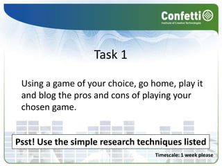  Compare and contrast genre and games within genre to express preferencesActivityDiscuss amongst yourselves the games you have played over the Christmas period. When your time is up, give me 2 questions that were asked the most during your discussions.