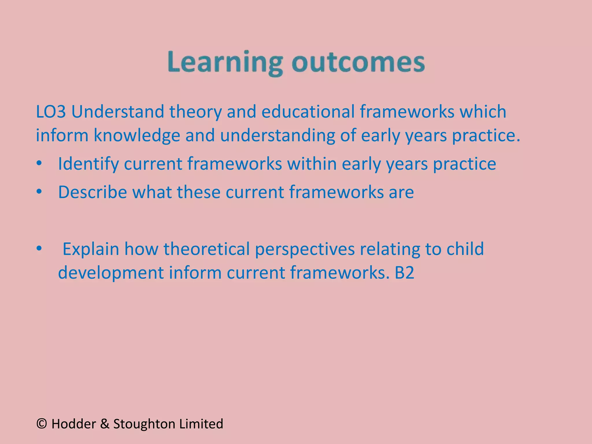 LO3 Understand theory and educational frameworks which
inform knowledge and understanding of early years practice.
• Identify current frameworks within early years practice
• Describe what these current frameworks are
• Explain how theoretical perspectives relating to child
development inform current frameworks. B2
© Hodder & Stoughton Limited
 
