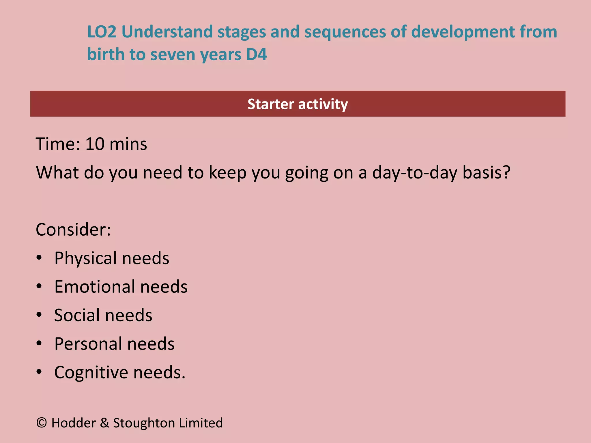 Starter activity
LO2 Understand stages and sequences of development from
birth to seven years D4
Time: 10 mins
What do you need to keep you going on a day-to-day basis?
Consider:
• Physical needs
• Emotional needs
• Social needs
• Personal needs
• Cognitive needs.
© Hodder & Stoughton Limited
 
