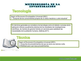 En términos generales se considera a la tecnología como el método o proceso de la
aplicación directa (usualmente práctica) de los resultados de investigaciones
científicas, de manera de generar bienes y/o servicios para satisfacer las
necesidades de la población humana. (Salinas,2011)
Metodología de la
investigación
Según el Diccionario Enciclopédico Universal (2001)
1. “Conjunto de los conocimientos propios de un oficio mecánico o arte industrial”.
Según el Diccionario Enciclopédico Universal (2001)
1. Conjuntos de procedimientos de que se sirve una ciencia o arte.
2.HAbilidad para usar esos procedimientos.
 