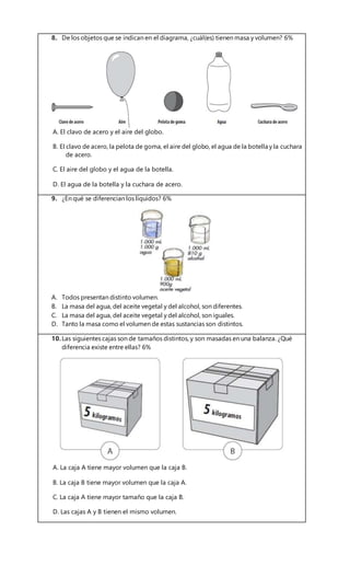 8. De los objetos que se indican en el diagrama, ¿cuál(es) tienen masa y volumen? 6%
A. El clavo de acero y el aire del globo.
B. El clavo de acero, la pelota de goma, el aire del globo, el agua de la botella y la cuchara
de acero.
C. El aire del globo y el agua de la botella.
D. El agua de la botella y la cuchara de acero.
9. ¿En qué se diferencian los líquidos? 6%
A. Todos presentan distinto volumen.
B. La masa del agua, del aceite vegetal y del alcohol, son diferentes.
C. La masa del agua, del aceite vegetal y del alcohol, son iguales.
D. Tanto la masa como el volumen de estas sustancias son distintos.
10.Las siguientes cajas son de tamaños distintos, y son masadas en una balanza. ¿Qué
diferencia existe entre ellas? 6%
A. La caja A tiene mayor volumen que la caja B.
B. La caja B tiene mayor volumen que la caja A.
C. La caja A tiene mayor tamaño que la caja B.
D. Las cajas A y B tienen el mismo volumen.
 